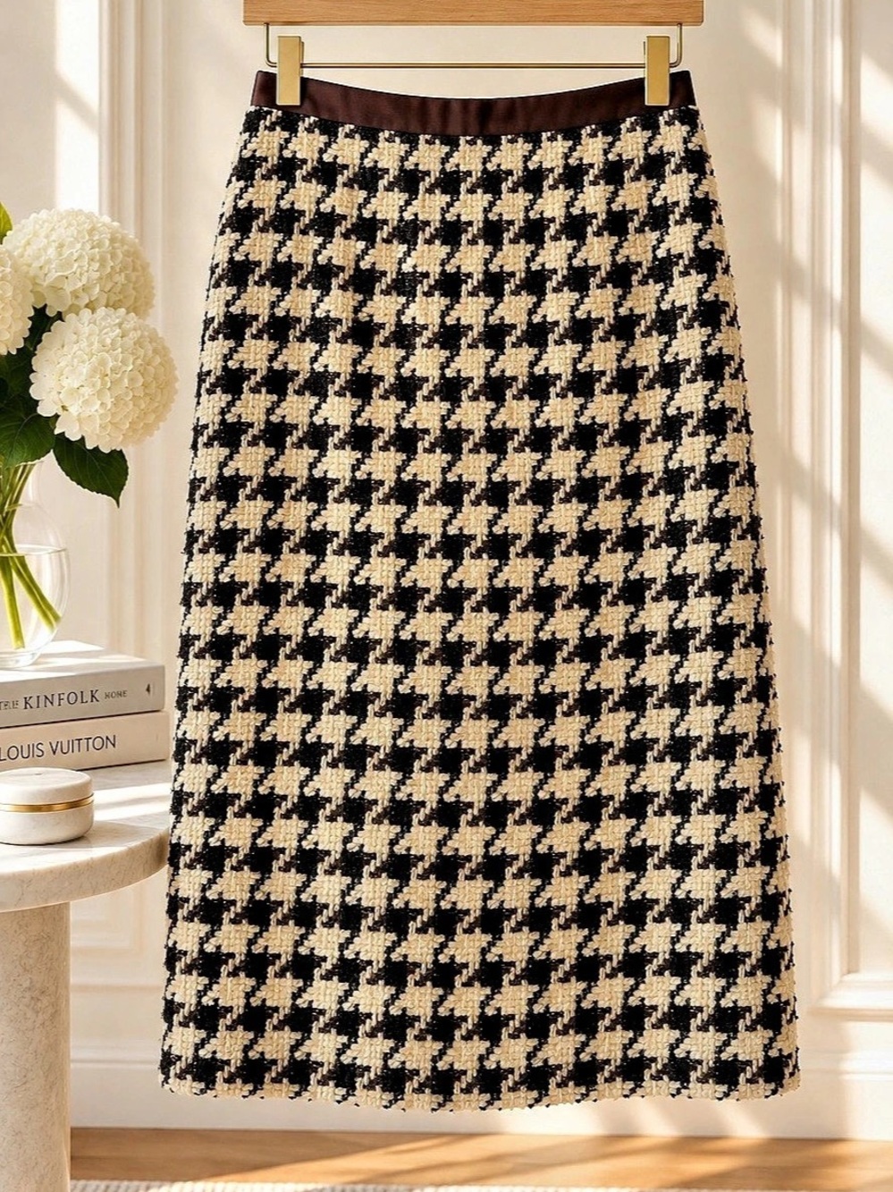 Oscar de la Renta Houndstooth Boucle Midi Skirt Brown & Cream Size 2